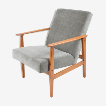 Fauteuil poli vintage restauré années 1960 tissu gris, teck