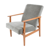 Fauteuil poli vintage restauré années 1960 tissu gris, teck