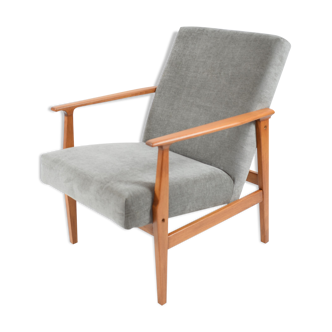 Fauteuil poli vintage restauré années 1960 tissu gris, teck