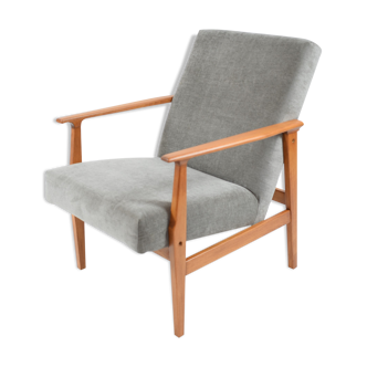 Vintage polish armchair, restored, 1960s, grey fabric, teak