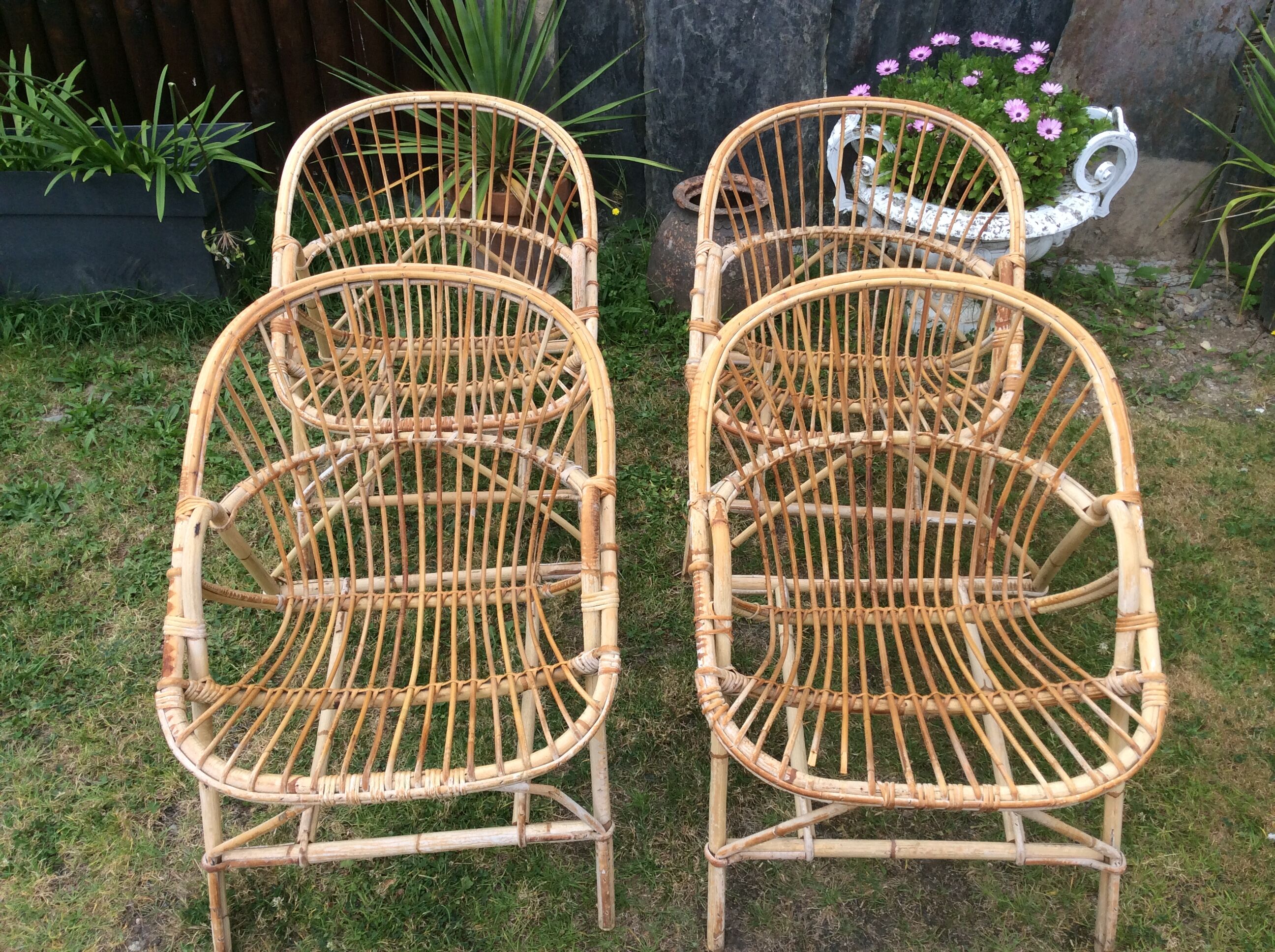 Set de 4 fauteuils rotin vintage