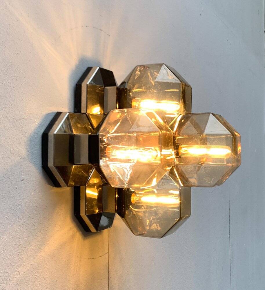 Vintage German wall or ceiling lamp from the space age in chrome and glass by Motoko Ishii for Staff, 1970s.