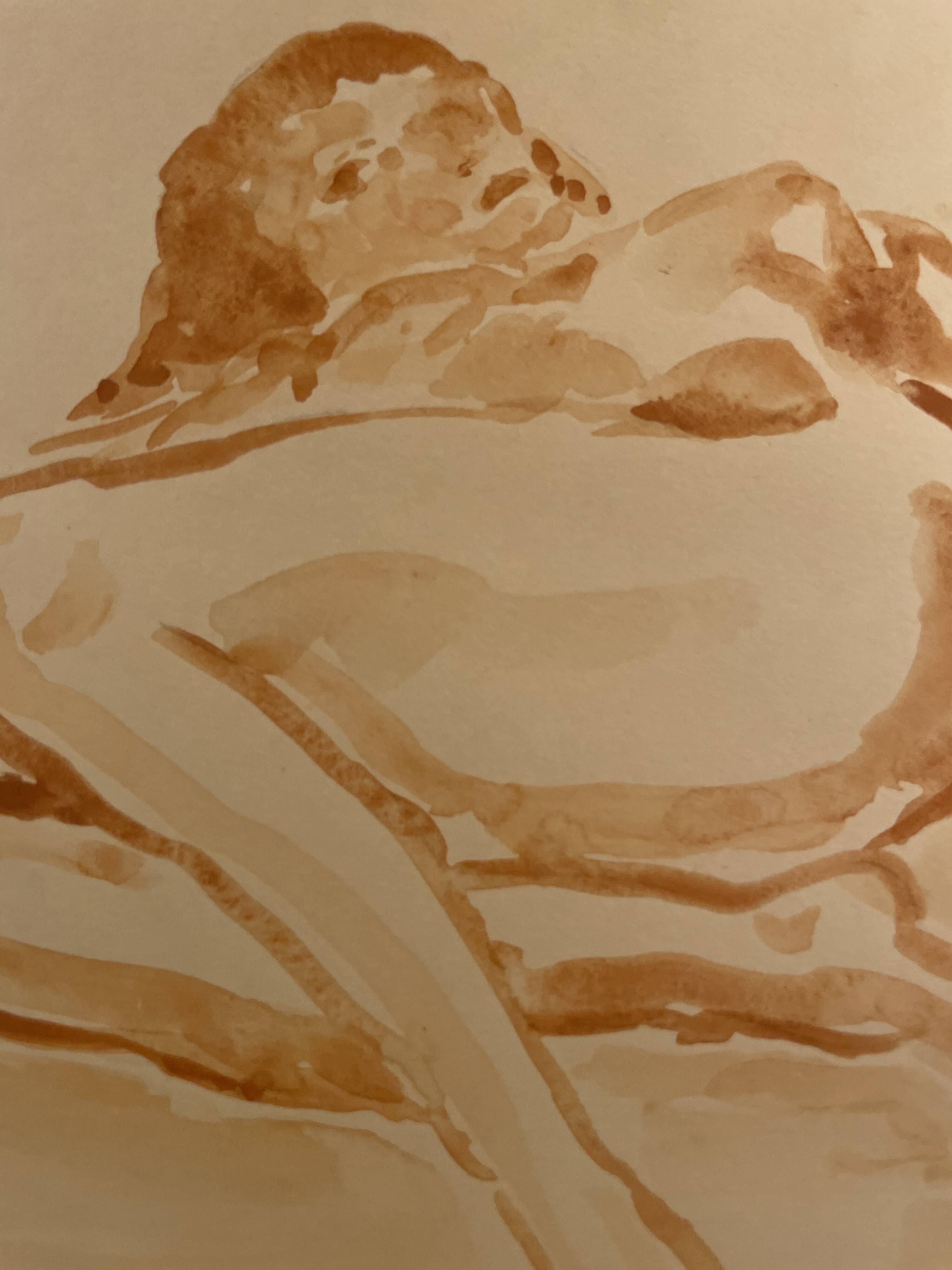 Signed painting monochrome watercolor female portrait "reclining study"