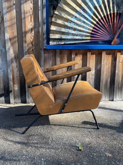 4 camel faux leather armchairs, 1950s