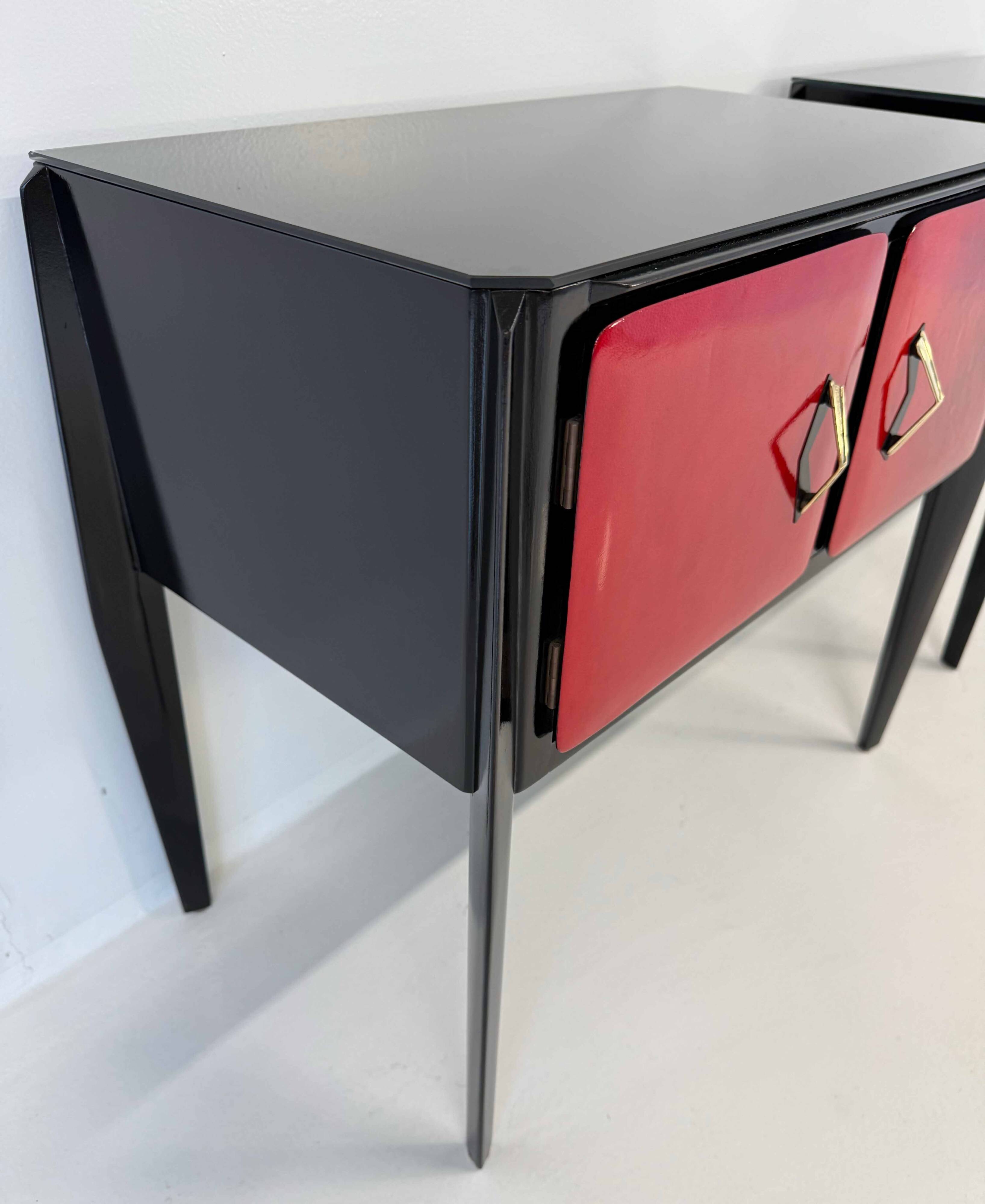 Italian Art Deco Cherry Red Parchment and Black Nightstands, 1950s