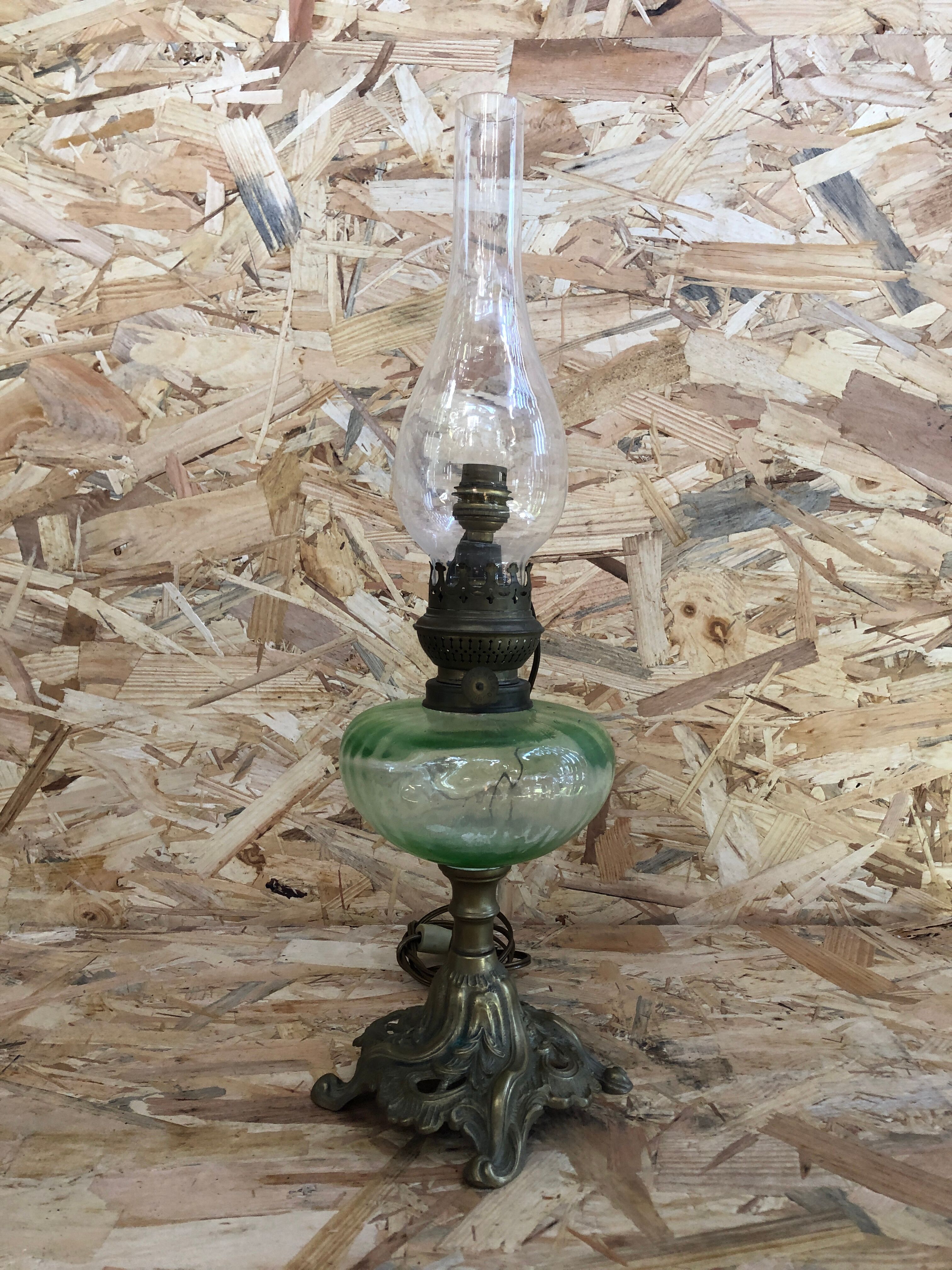 Old Lamp Oil Pedestal Bronze Body Green Glass Selency
