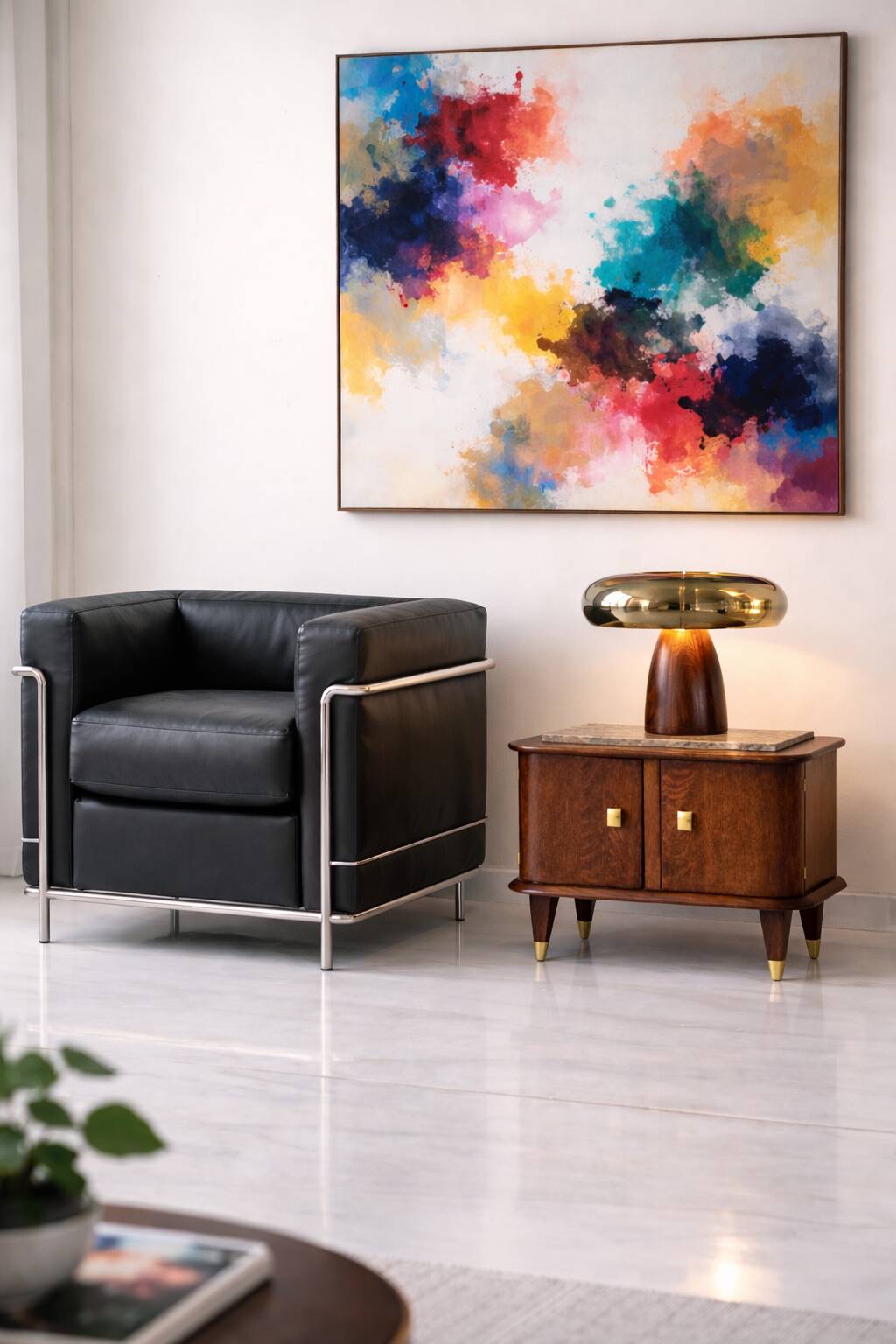 Small vintage 1950s wooden buffet with marble top and tapered legs.