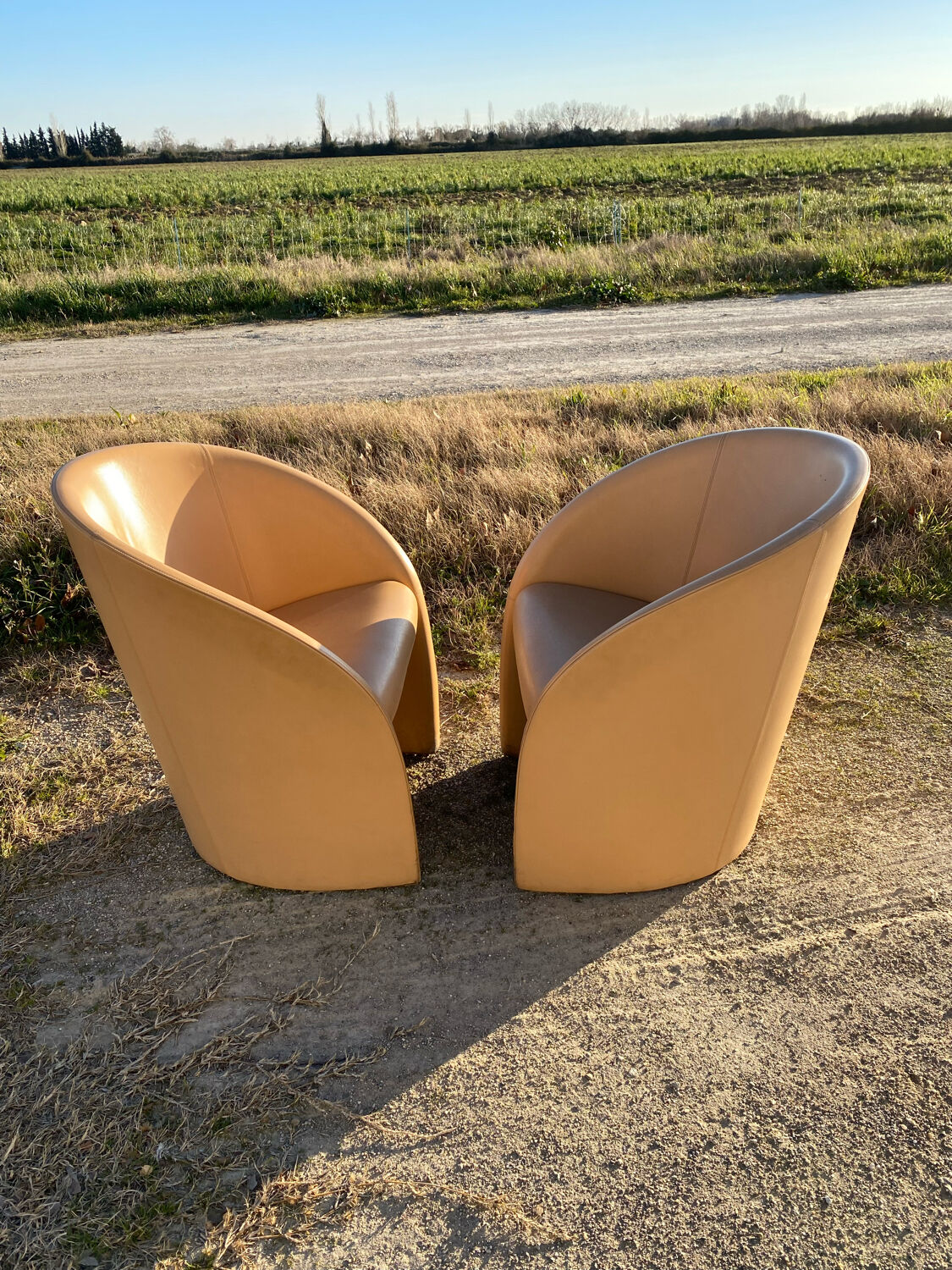Pair of designer leather armchairs
