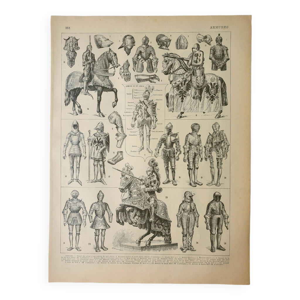 Old engraving 1928, Medieval armor, knight • Lithograph, Original plate ...