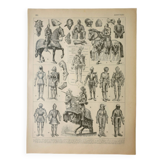 Gravure ancienne 1928, Armures médiévales, chevalier • Lithographie, Planche originale