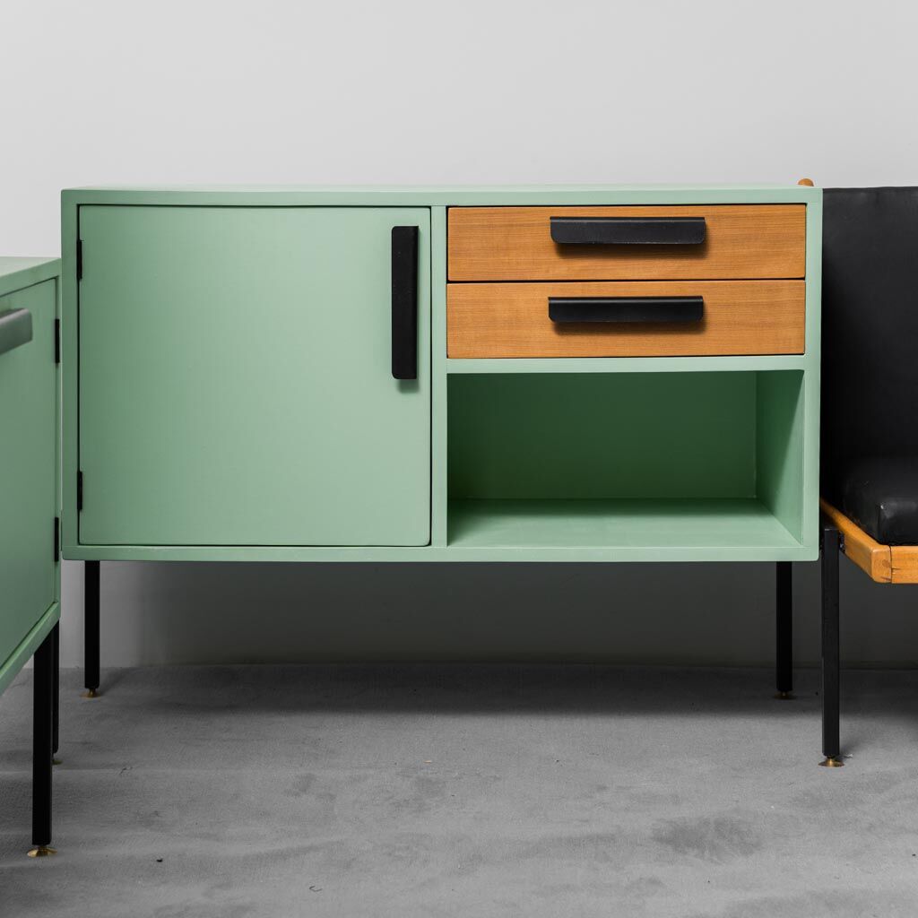 Buffets en bois canapé vert 2 places 60s vintage moderne