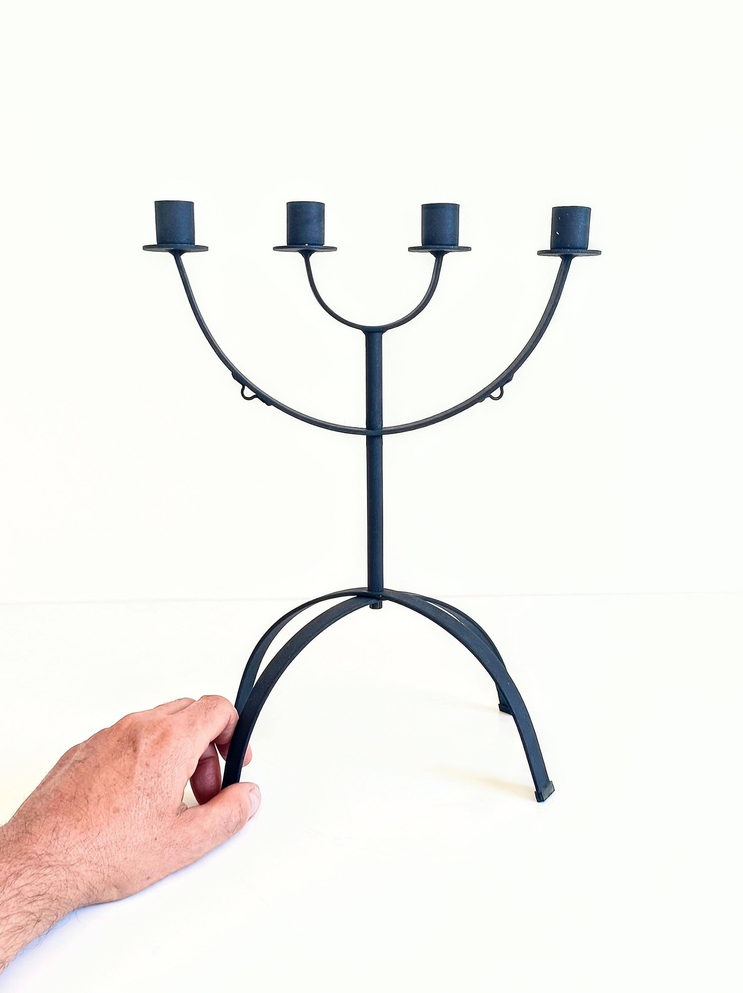 Mid-Century Minimalistic Black Wrought Iron Menorah Candelabra