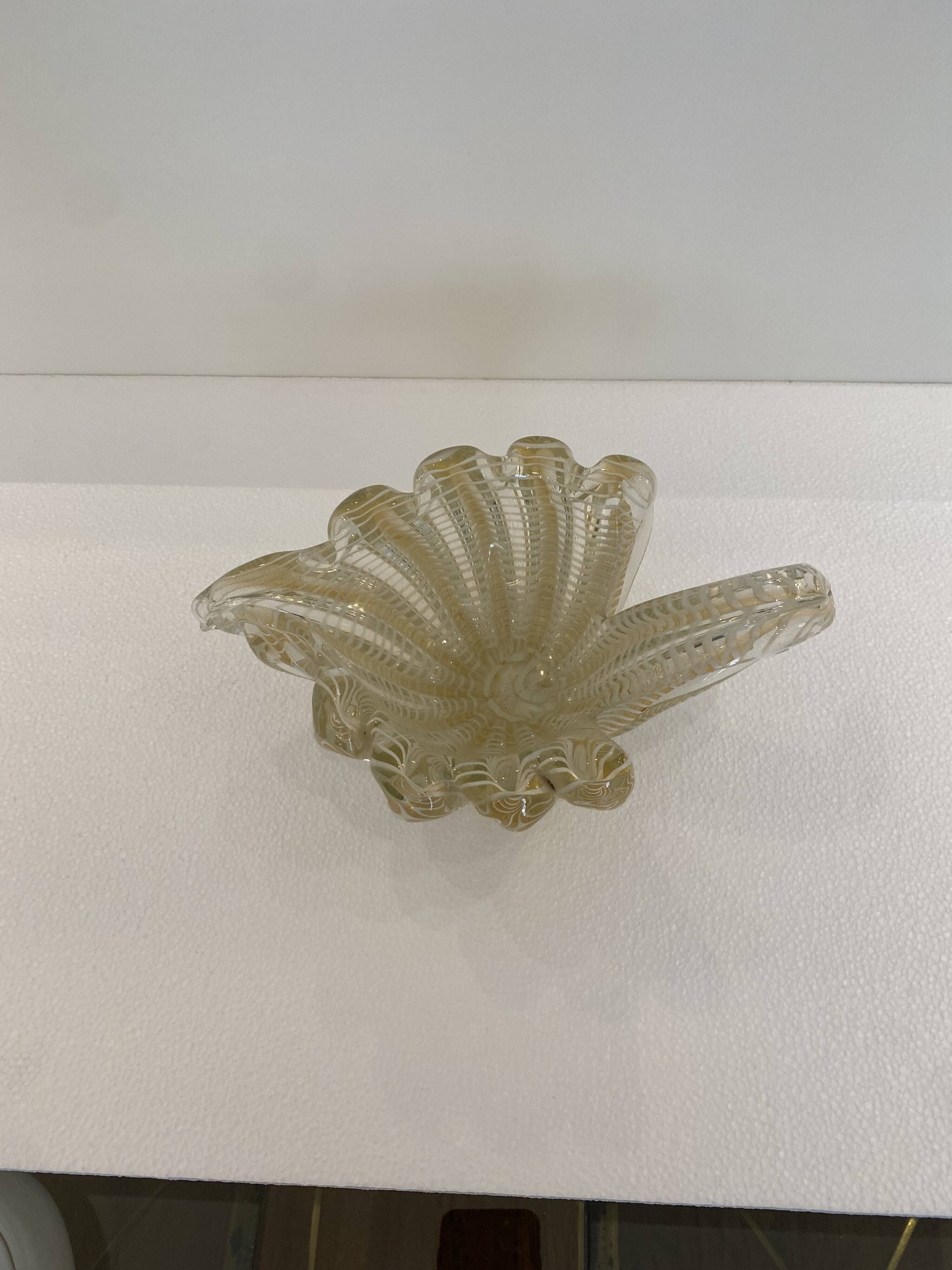 Murano Barovier 'Zebrati' Decor Glass Shell Bowl Hollywood Regency, 1960s