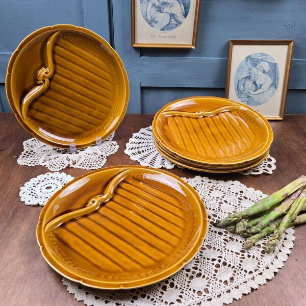 6 assiettes à asperges en faïence Gien – émail brun-miel