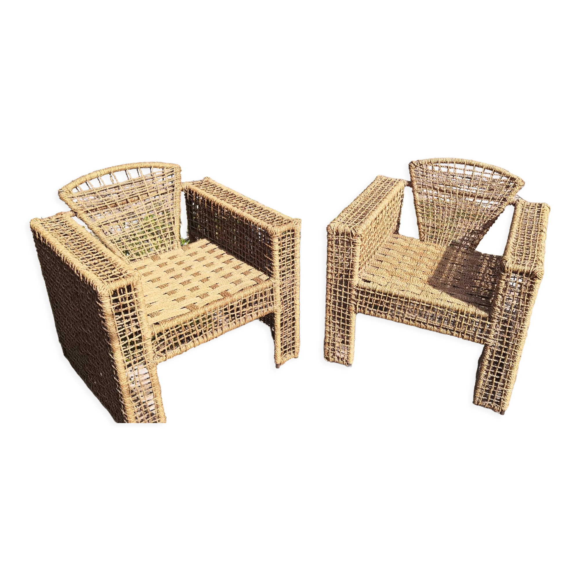 Armchair in metal and braided rope, 1980