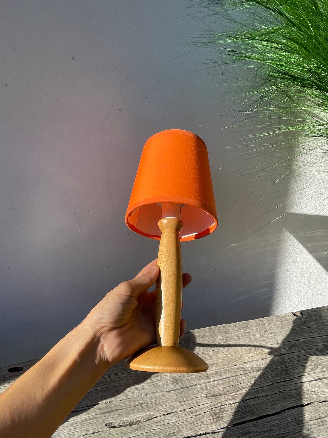 1980s orange turned wooden lamp