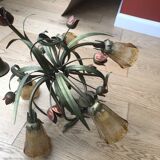 Antique Art Deco metal chandelier with a tinted glass shade.