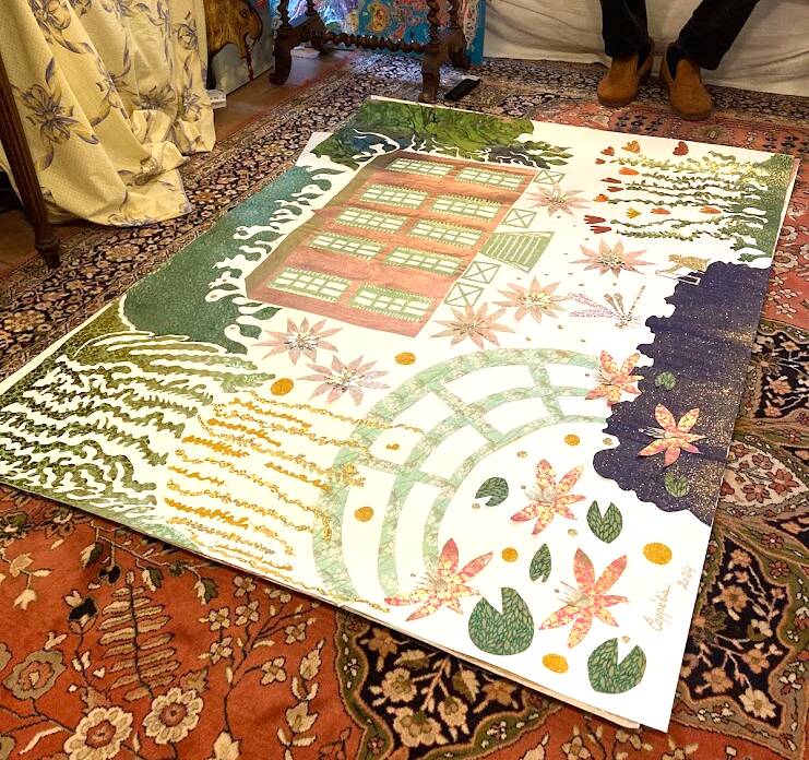 Large contemporary collage inspired by Giverny (Claude Monet) – 158 × 116 cm