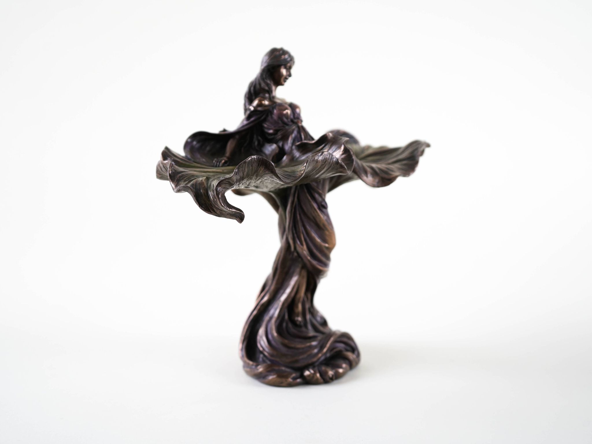Brass female figurine in Art Deco style with floral motifs, European decorative art