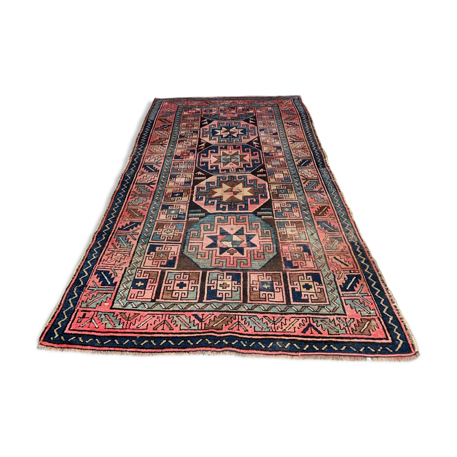 Old Turkish Kazak Rug 226x135 cm vintage tribal carpet, Red and Blue Large