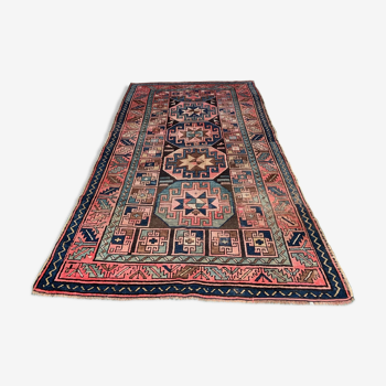 Old Turkish Kazak Rug 226x135 cm vintage tribal carpet, Red and Blue Large