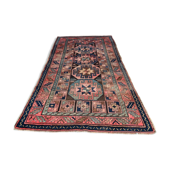 Tapis turc kazak 226x135 cm tapis tribal vintage rouge et bleu grand