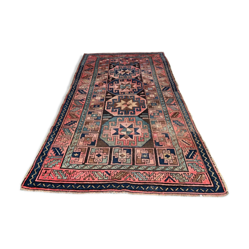 Tapis turc kazak 226x135 cm tapis tribal vintage rouge et bleu grand