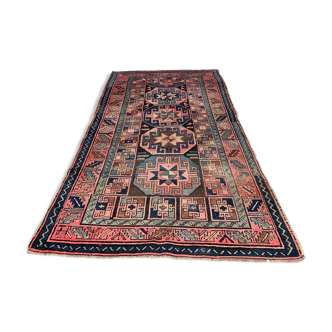 Old Turkish Kazak Rug 226x135 cm vintage tribal carpet, Red and Blue Large