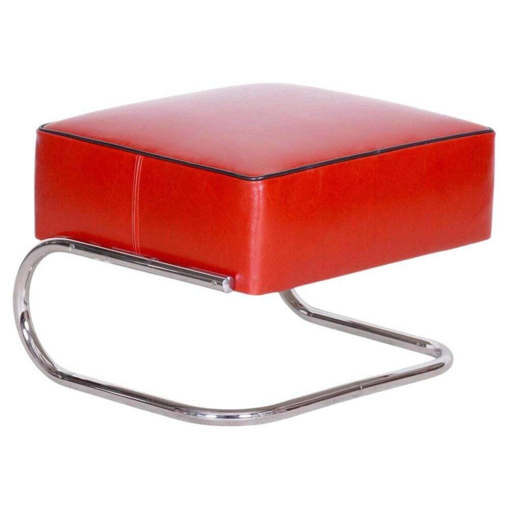 Modern Tubular Stool in Red Leather and Chrome-Plated Steel from Slezák, 1930s
