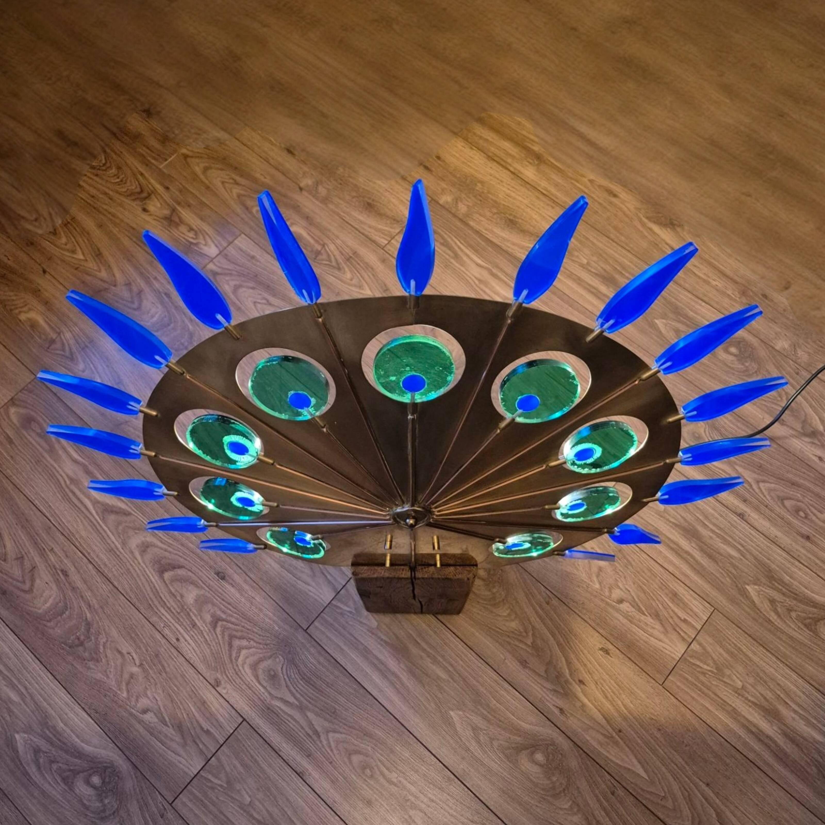 Lampadaire artisanal en laiton, chêne et plexiglas, Pays-Bas, années 1970