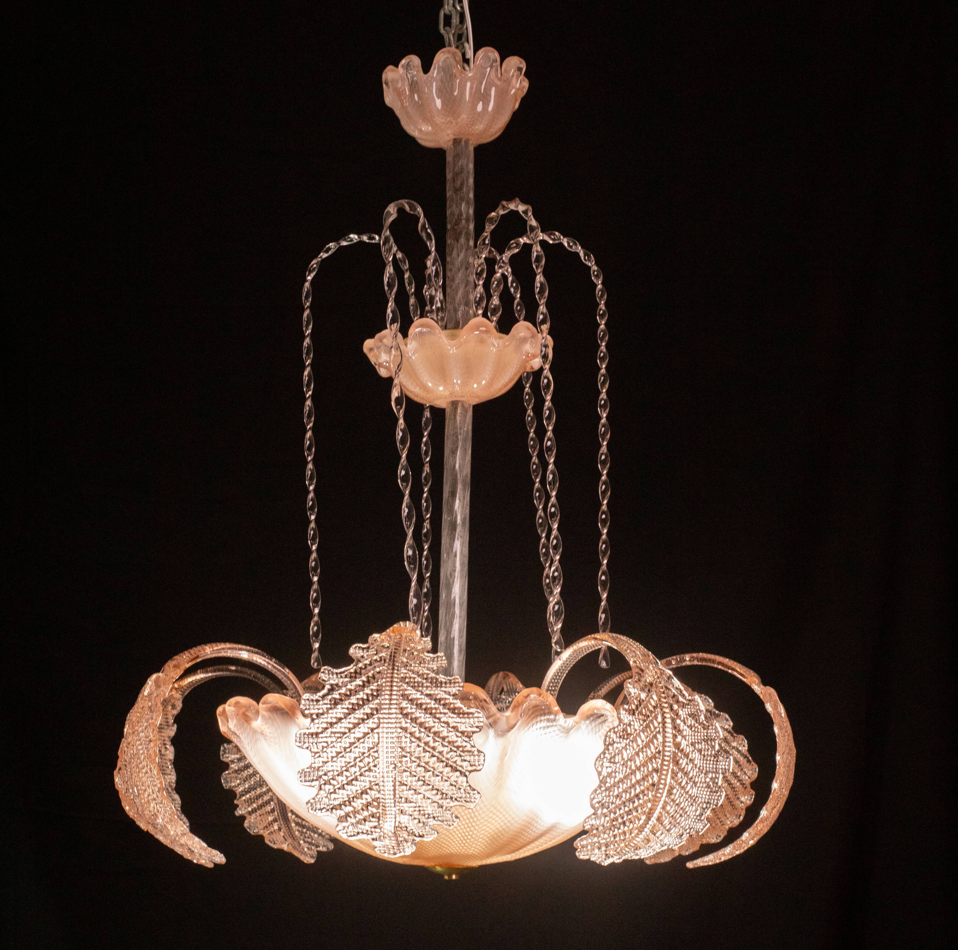 Pink Art Decò Barovier e Toso "Fountain" Pendant Light, Murano Glass, 1940s