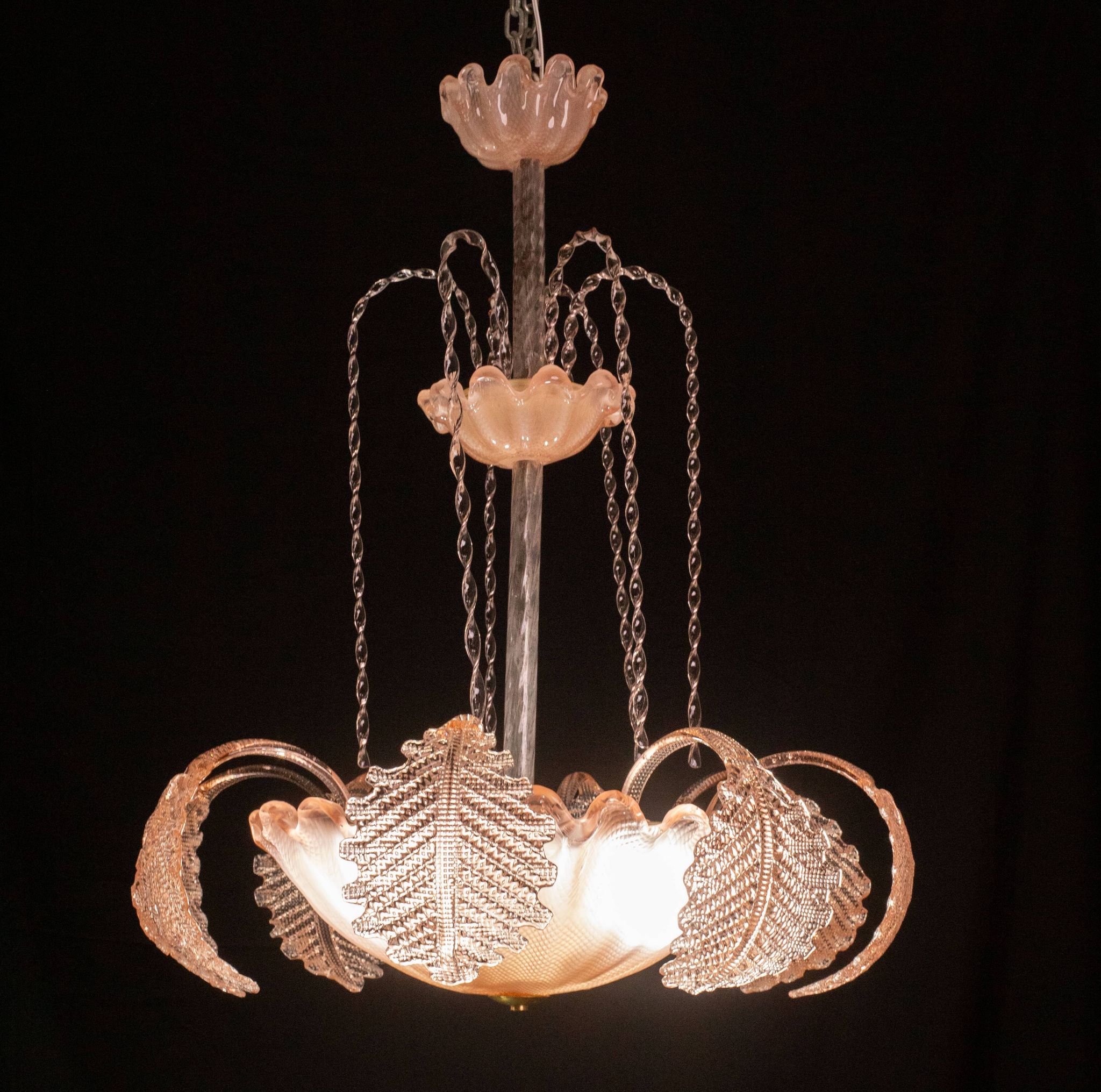 Pink Art Decò Barovier e Toso "Fountain" Pendant Light, Murano Glass, 1940s