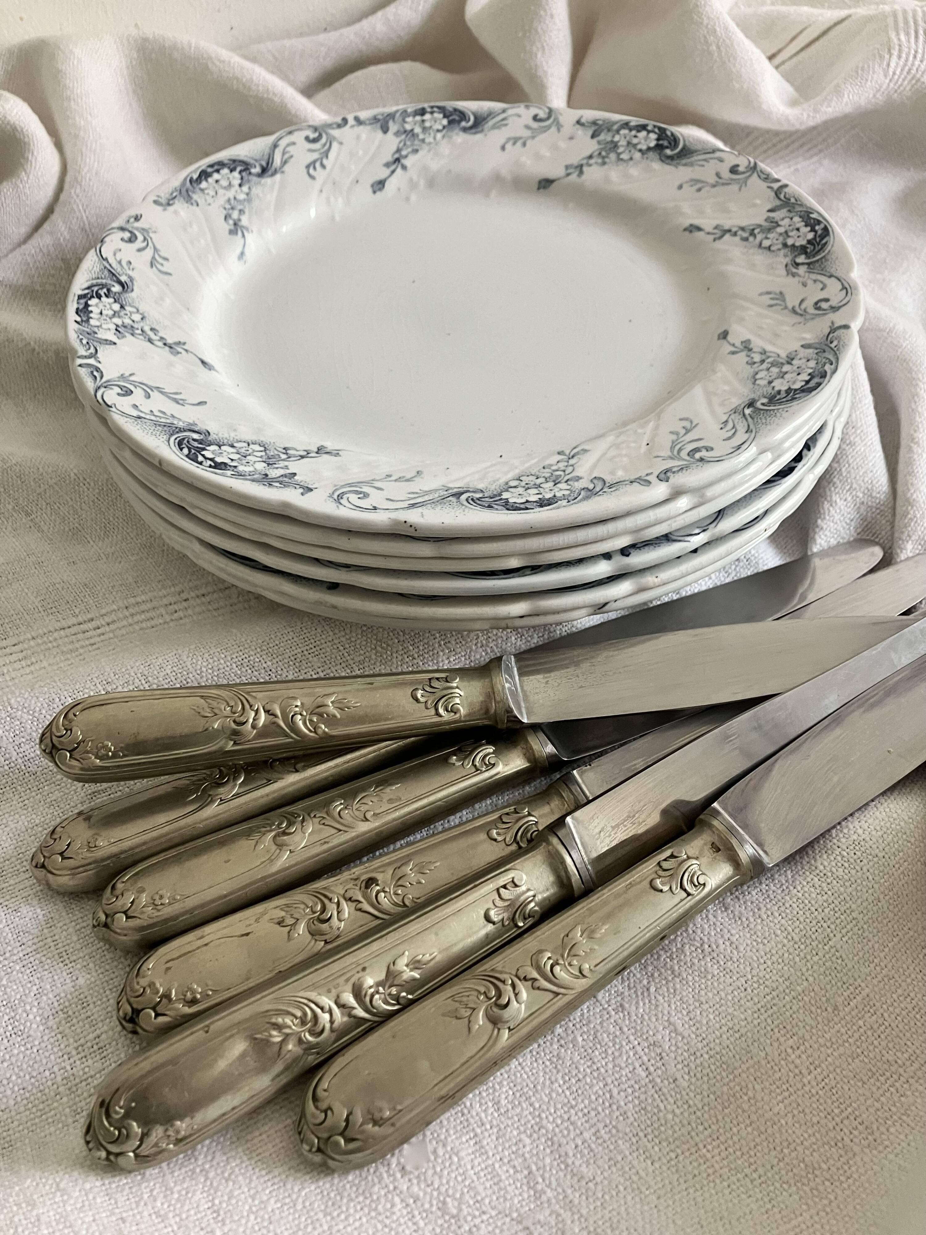 6 antique knives, silver plated metal