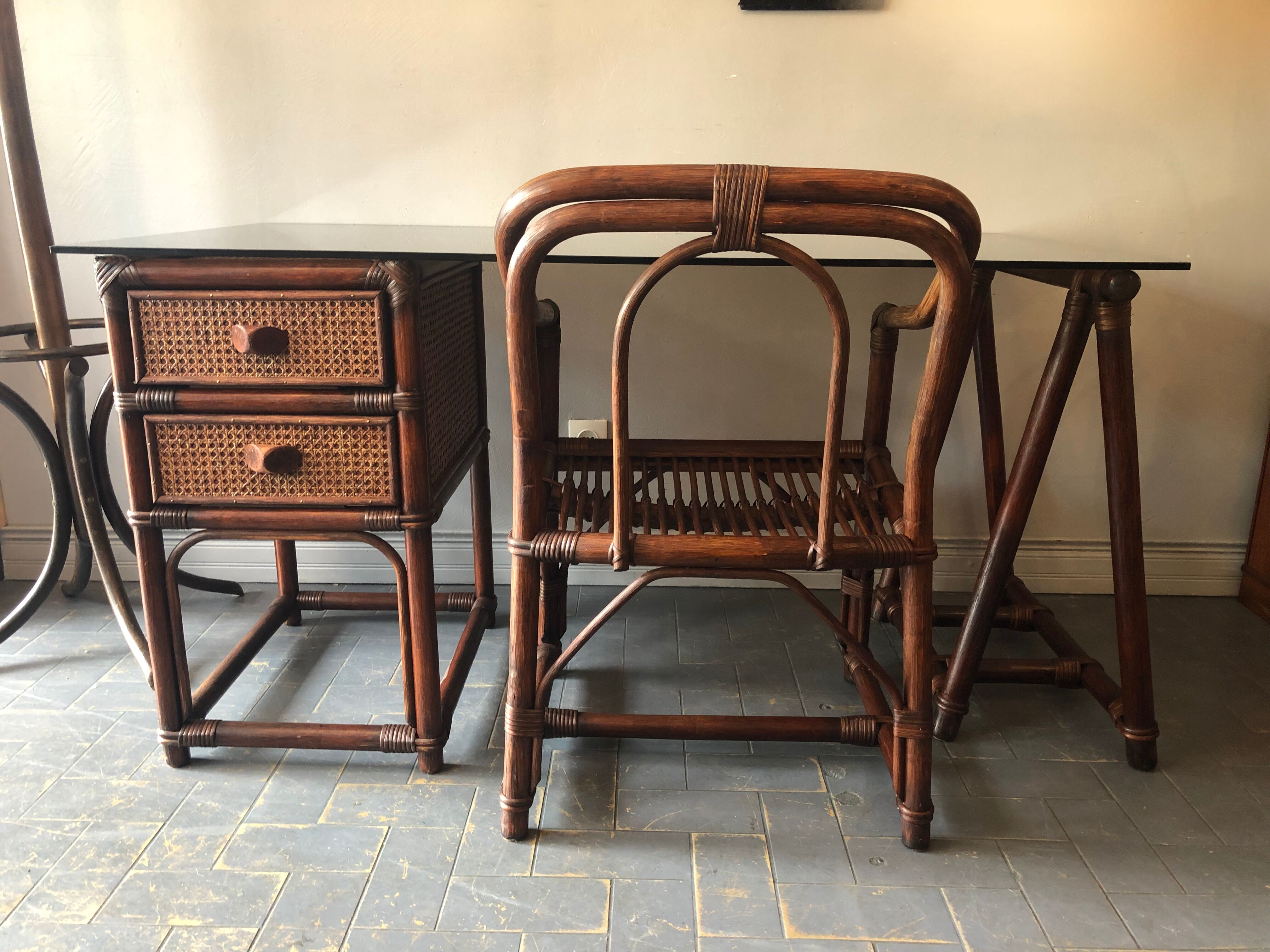 Bamboo desk and armchair, rattan 70s/80s