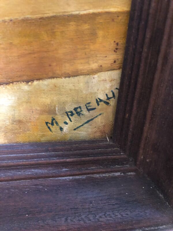 Tableau ancien huile sur toile M. Preaux nature morte + cadre bois vintage