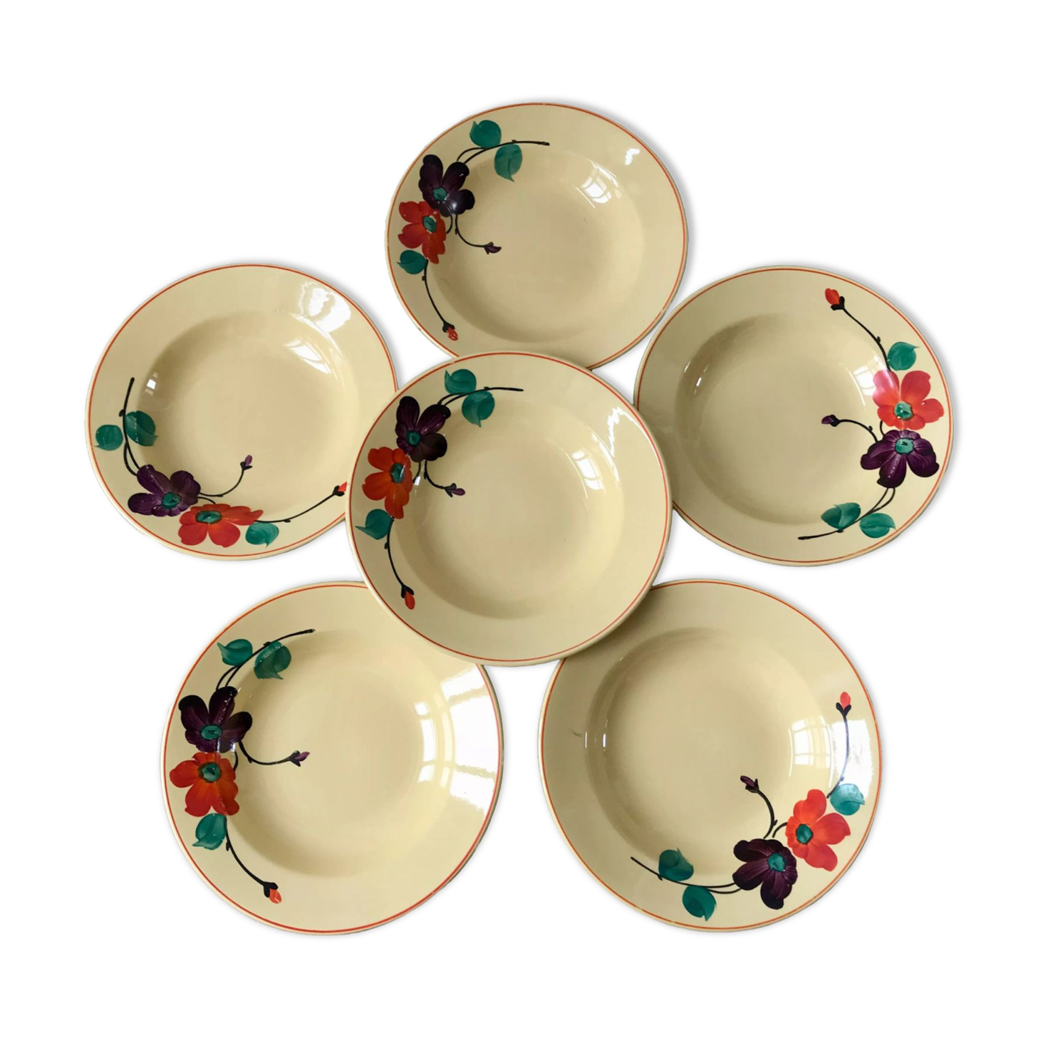 Set of 6 hollow plates digoin sarreguemines model "ginette" years 30-40