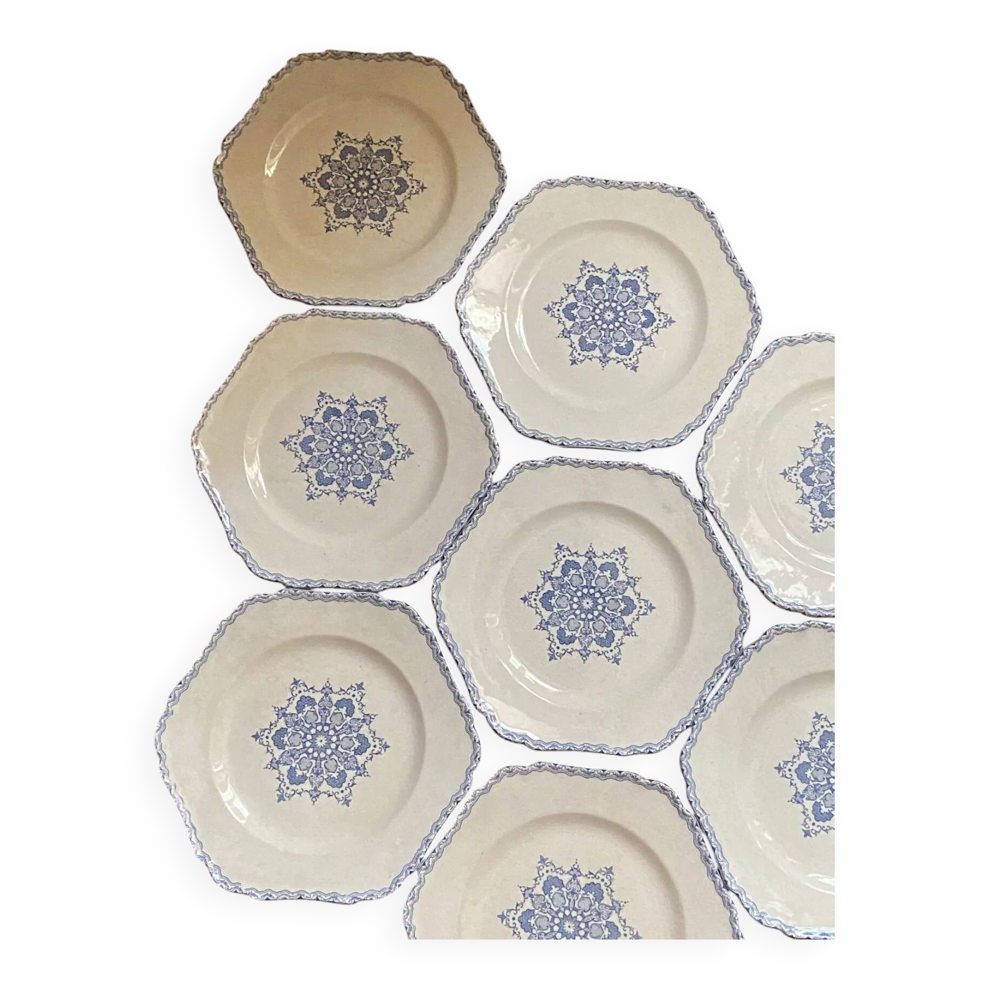 Set of 10 antique 6-sided flat plates – late 19th century earthenware, oriental light blue decor