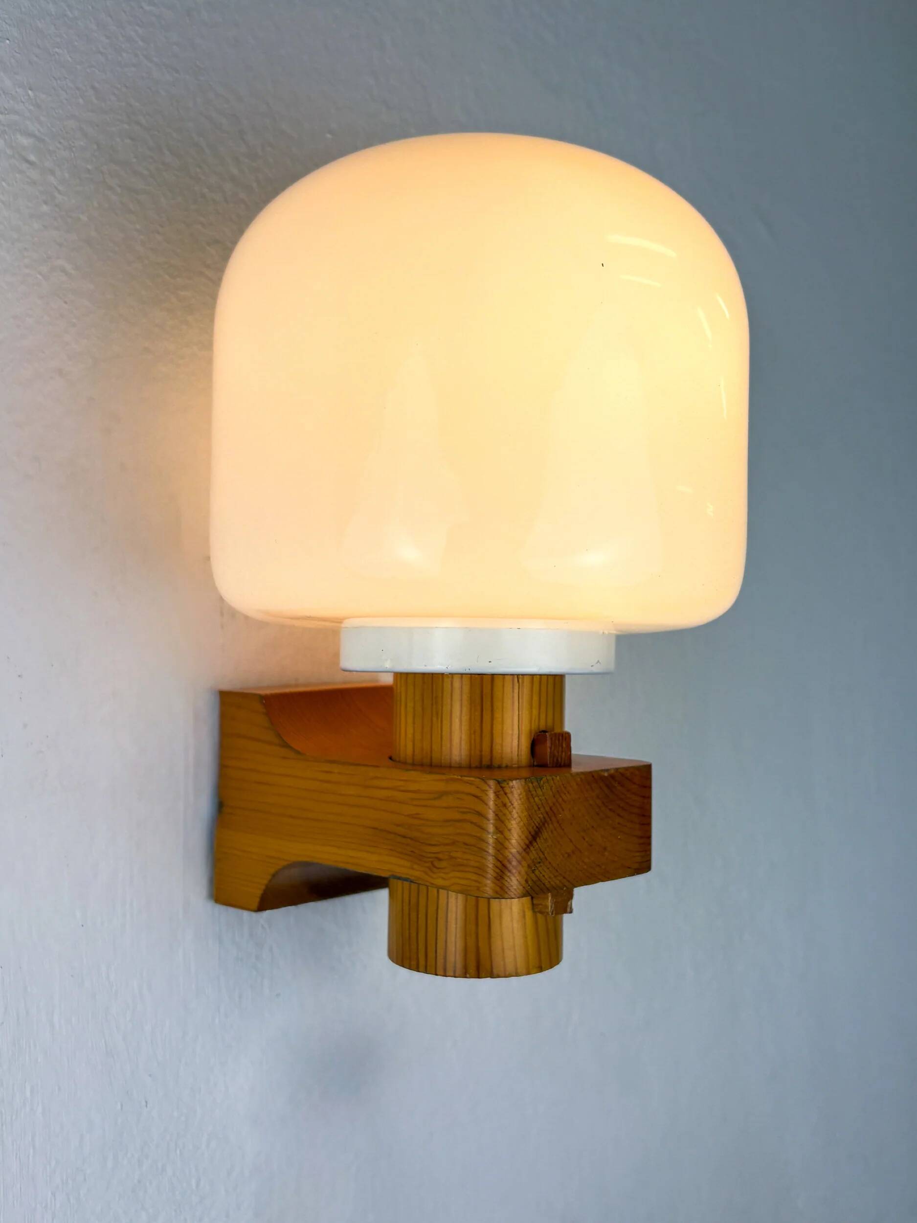 Pair of Nordic pine wood & opaline wall lights – Denmark 1970s