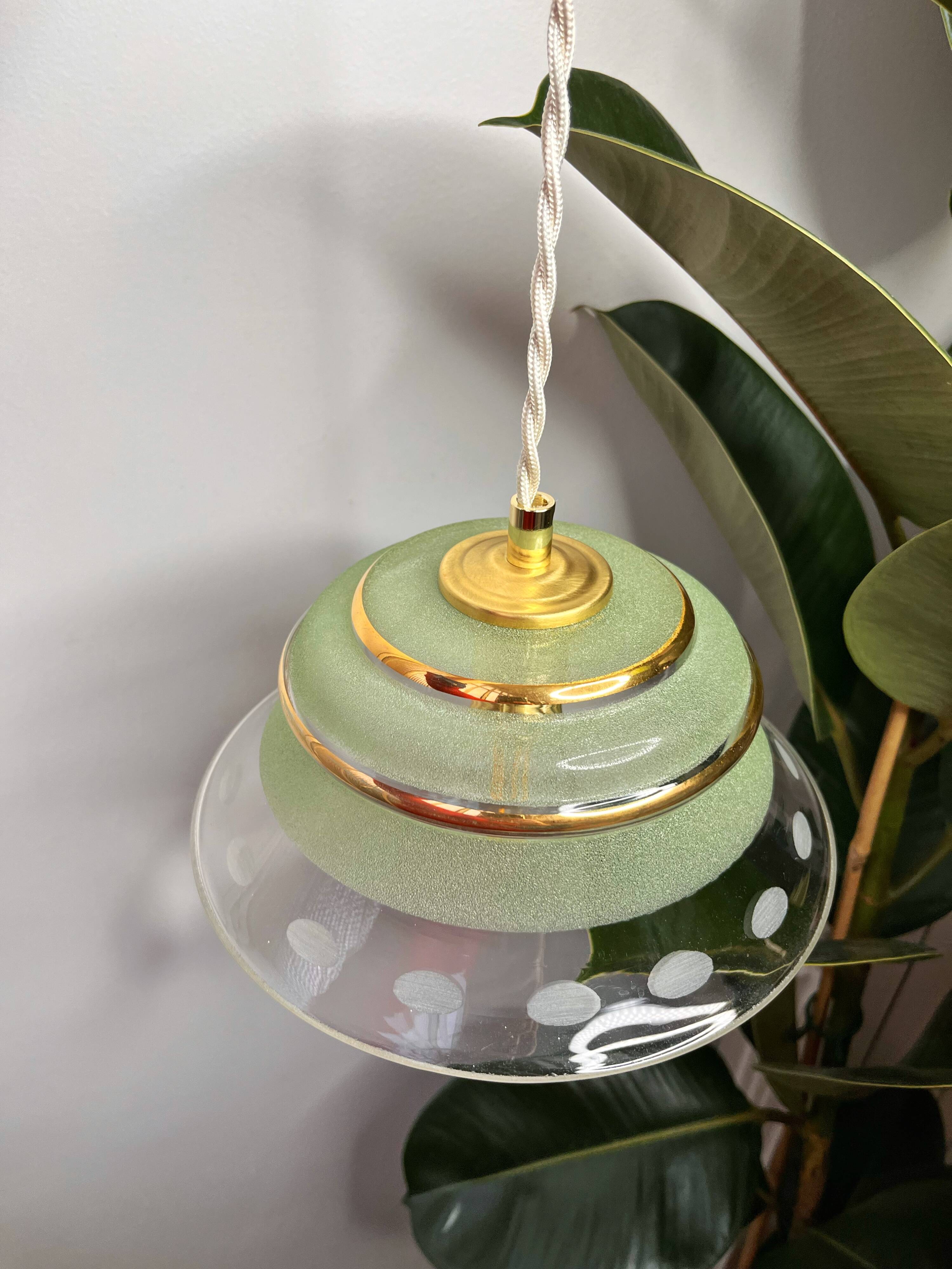 Suspension in green granite glass and transparent glass - gold edging