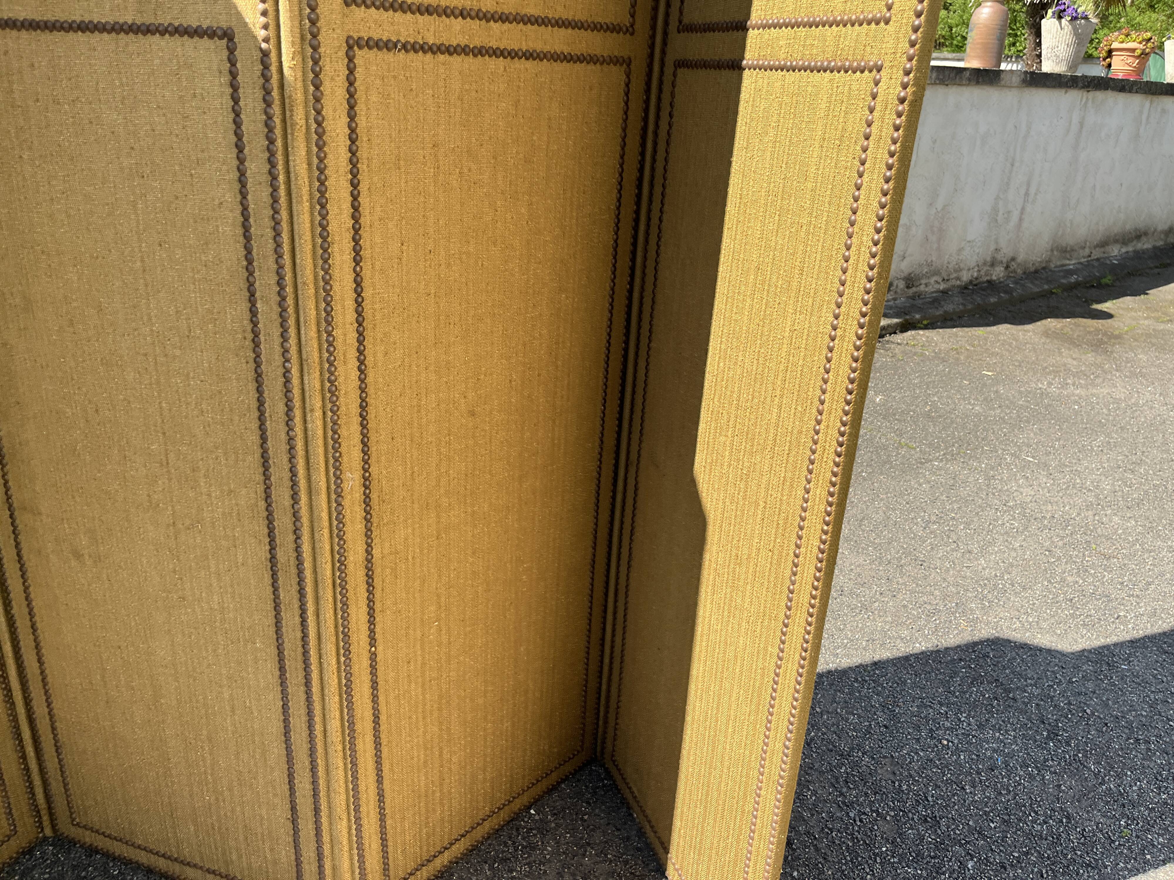 Antique 4-panel screen – burlap and upholstery nails