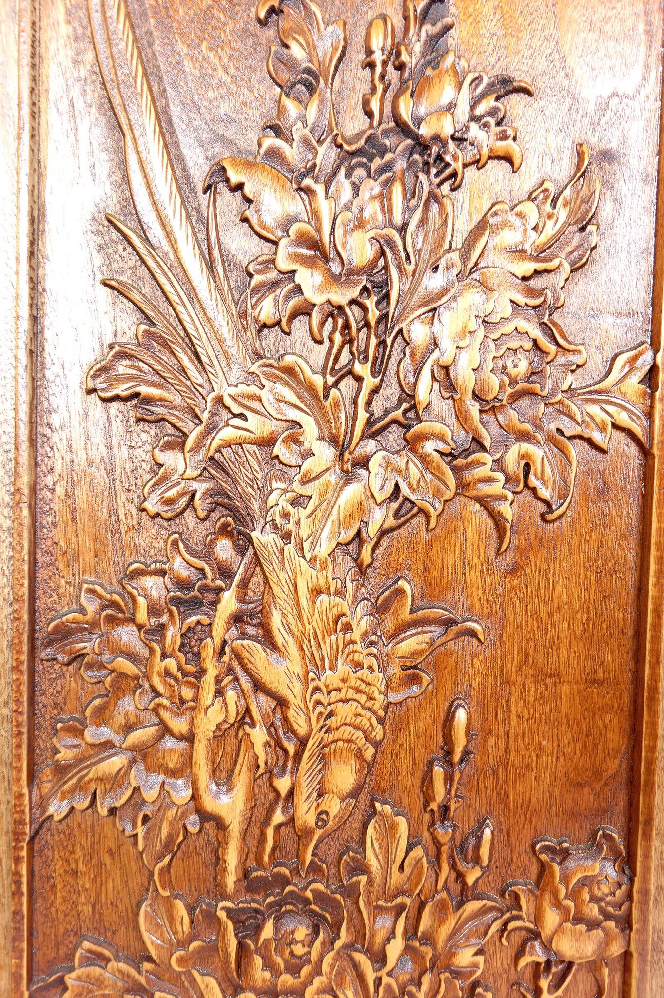 3 carved wooden panels, floral and animal decorations, Indochina
