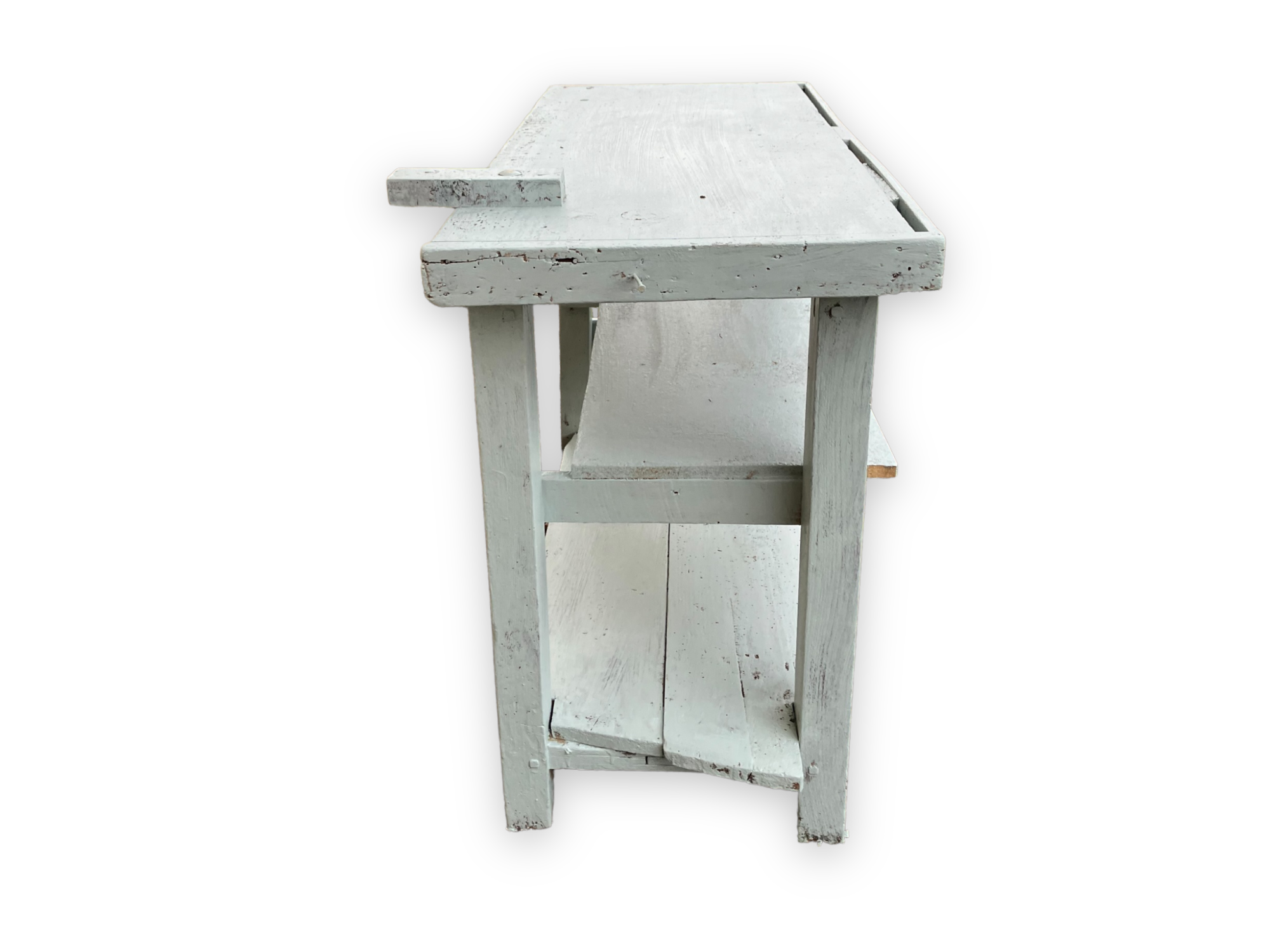 Light blue painted wooden workbench