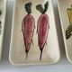 Trio de plats rectangulaires vintage à décor naïf de légumes