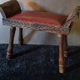 Carved wood and faux leather bench or vintage spanish ottoman footstool