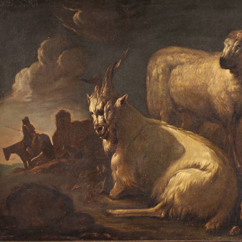Beautiful 17th century painting, bucolic landscape with goats