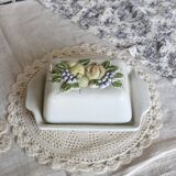 Large vintage earthenware and slip butter dish with fruit motif