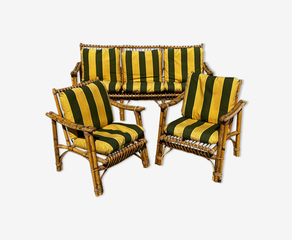 Ensemble canapé et 2 fauteuils en bambou Italie 1960
