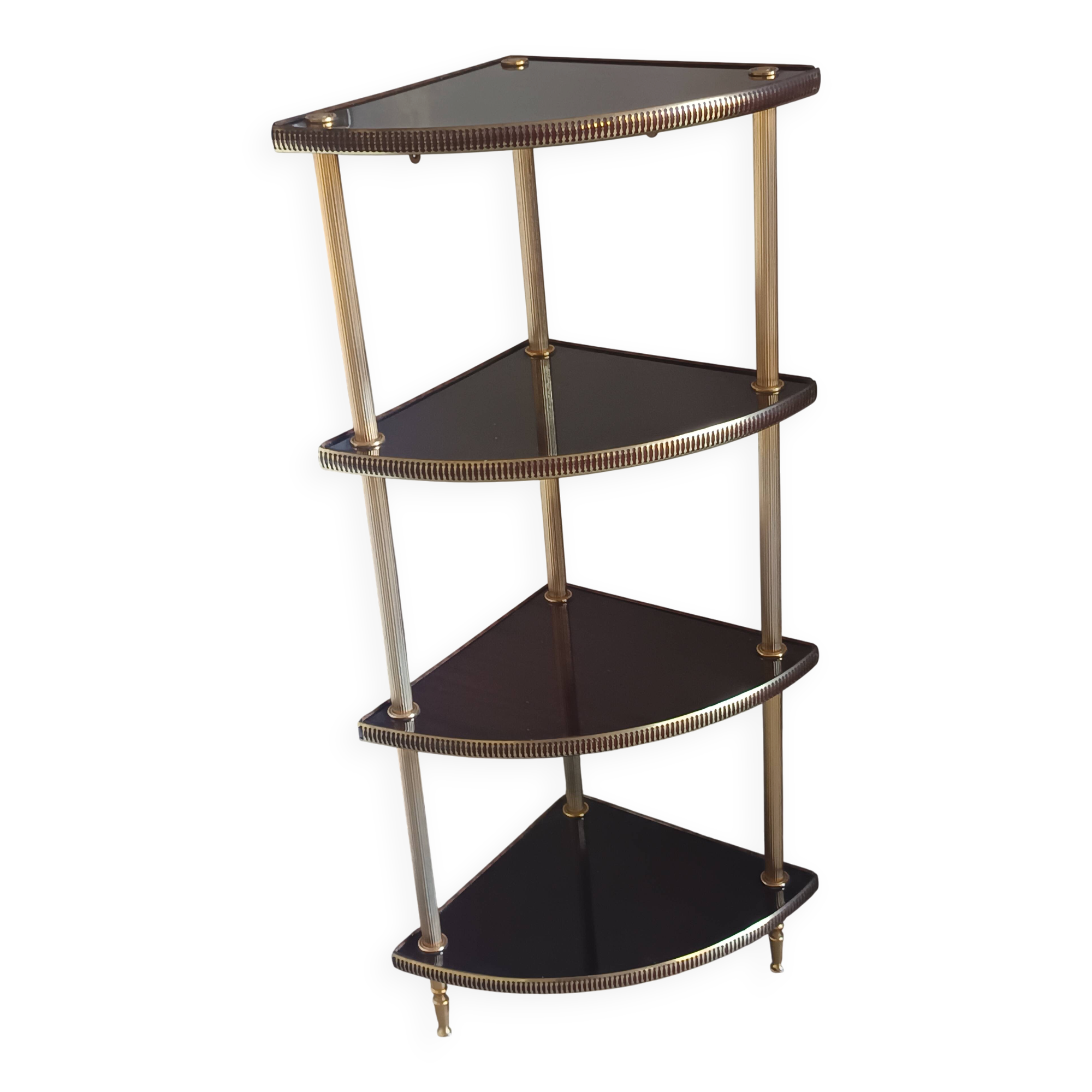 Étagère d’angle vintage 4 niveaux en bois et laiton