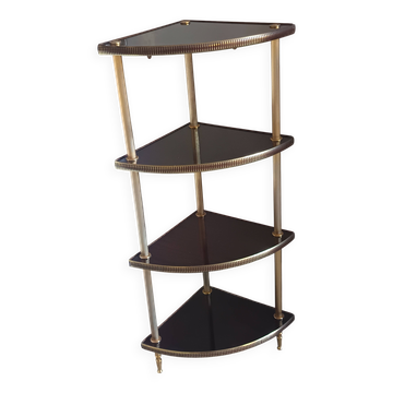 Étagère d’angle vintage 4 niveaux en bois et laiton
