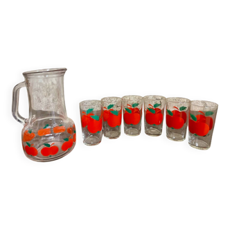 Vintage apple-decorated juice set – carafe + 6 matching glasses